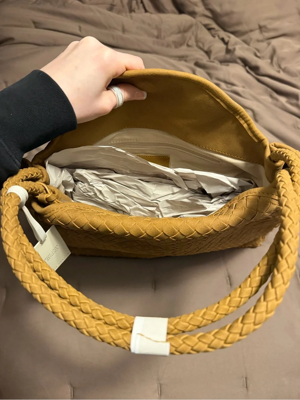 Woven Top-Handle Tote in Mustard Brown - Picture 3 of 3